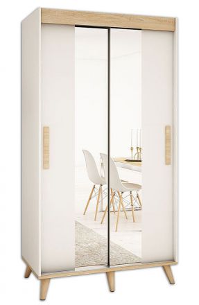 Schiebetürenschrank / Kleiderschrank Perdito 01C mit Spiegel, Farbe: Weiß matt / Buche - Abmessungen: 208 x 100,5 x 62 cm ( H x B x T)