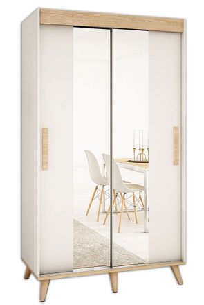 Schiebetürenschrank / Kleiderschrank Perdito 03C mit Spiegel, Farbe: Weiß matt / Buche - Abmessungen: 208 x 150,5 x 62 cm ( H x B x T)