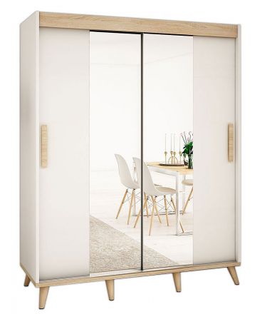 Schiebetürenschrank / Kleiderschrank Perdito 04C mit Spiegel, Farbe: Weiß matt / Buche - Abmessungen: 208 x 180,5 x 62 cm ( H x B x T)