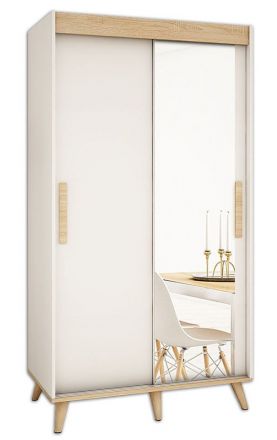 Schiebetürenschrank / Kleiderschrank Perdito 01D mit Spiegel, Farbe: Weiß matt / Buche - Abmessungen: 208 x 100,5 x 62 cm ( H x B x T)