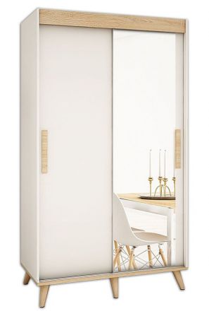 Schiebetürenschrank / Kleiderschrank Perdito 03D mit Spiegel, Farbe: Weiß matt / Buche - Abmessungen: 208 x 150,5 x 62 cm ( H x B x T)
