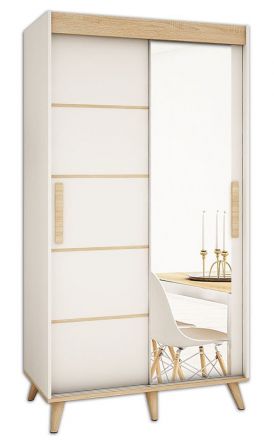 Schiebetürenschrank / Kleiderschrank Perdito 02G mit Spiegel, Farbe: Weiß matt / Buche - Abmessungen: 208 x 120,5 x 62 cm ( H x B x T)
