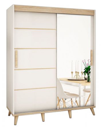 Schiebetürenschrank / Kleiderschrank Perdito 05G mit Spiegel, Farbe: Weiß matt / Buche - Abmessungen: 208 x 200,5 x 62 cm ( H x B x T)