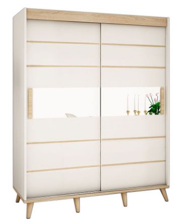 Schiebetürenschrank / Kleiderschrank Perdito 05H mit Spiegel, Farbe: Weiß matt / Buche - Abmessungen: 208 x 200,5 x 62 cm ( H x B x T)