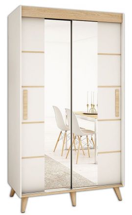 Schiebetürenschrank / Kleiderschrank Perdito 03J mit Spiegel, Farbe: Weiß matt / Buche - Abmessungen: 208 x 150,5 x 62 cm ( H x B x T)