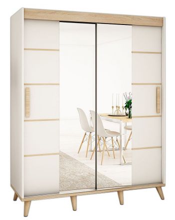 Schiebetürenschrank / Kleiderschrank Perdito 04J mit Spiegel, Farbe: Weiß matt / Buche - Abmessungen: 208 x 180,5 x 62 cm ( H x B x T)