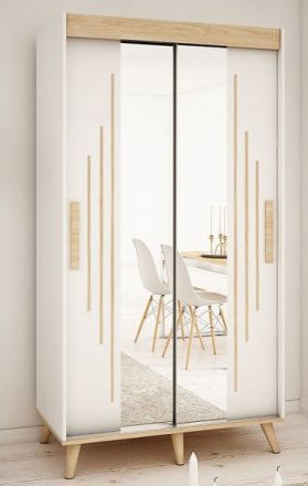 Schiebetürenschrank / Kleiderschrank Perdito 02L mit Spiegel, Farbe: Weiß matt / Buche - Abmessungen: 208 x 120,5 x 62 cm ( H x B x T)