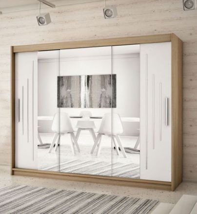 Schiebetürenschrank / Kleiderschrank mit Spiegel Tomlis 06B, Farbe: Eiche Sonoma / Weiß matt - Abmessungen: 200 x 250 x 62 cm (H x B x T)