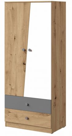 Drehtürenschrank / Kleiderschrank Sirte 01, Farbe: Eiche / Weiß / Grau matt -  Abmessungen: 190 x 80 x 50 cm (H x B x T)