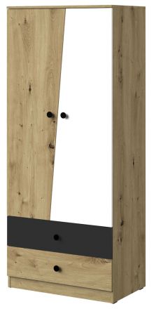 Drehtürenschrank / Kleiderschrank Sirte 01, Farbe: Eiche / Weiß / Schwarz matt -  Abmessungen: 190 x 80 x 50 cm (H x B x T)