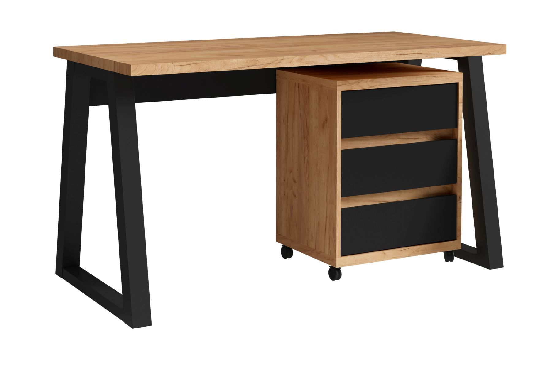 Solider Schreibtisch mit 3 Fächern "Merosina" 06, Mattschwarz / Eiche Gold Craft, 76 x 135 x 65 cm, sicherer Stand, 1 Rollcontainer, 4 Rollen