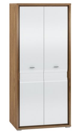 Drehtürenschrank / Kleiderschrank Tempe 01, Farbe: Nussfarben / Weiß Hochglanz, Fronteinsatz: Weiß - Abmessungen: 203 x 92 x 62 cm (H x B x T), mit 2 Türen und 3 Fächern