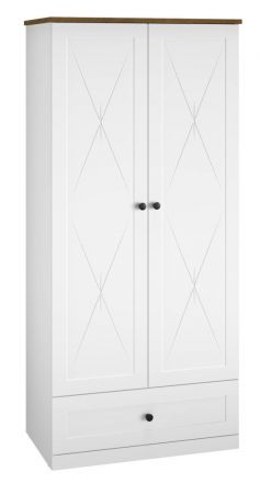 Drehtürenschrank / Kleiderschrank Oulainen 01, Farbe: Weiß / Eiche - Abmessungen: 200 x 92 x 54 cm (H x B x T), mit 2 Türen, 1 Schublade und 1 Fach