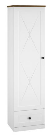 Schrank Oulainen 03, Farbe: Weiß / Eiche - Abmessungen: 200 x 55 x 40 cm (H x B x T), mit 1 Tür, 1 Schublade und 5 Fächern