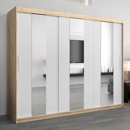 Schiebetürenschrank / Kleiderschrank Polos 06 mit Spiegel, Farbe: Eiche Sonoma / Weiß matt - Abmessungen: 200 x 250 x 62 cm (H x B x T)