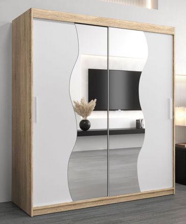 Schiebetürenschrank / Kleiderschrank Robinyera 04 mit Spiegel, Farbe: Eiche Sonoma / Weiß matt - Abmessungen: 200 x 180 x 62 cm ( H x B x T)