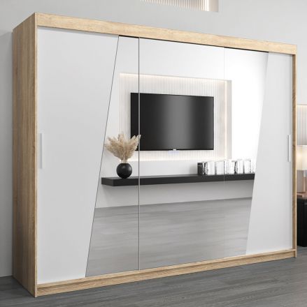 Schiebetürenschrank / Kleiderschrank Guajara 06 mit Spiegel, Farbe: Eiche Sonoma / Weiß matt - Abmessungen: 200 x 250 x 62 cm (H x B x T)