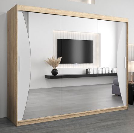 Schiebetürenschrank / Kleiderschrank Serbota 06 mit Spiegel, Farbe: Eiche Sonoma / Weiß matt - Abmessungen: 200 x 250 x 62 cm (H x B x T)