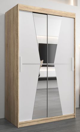 Schiebetürenschrank / Kleiderschrank Naranco 02 mit Spiegel, Farbe: Eiche Sonoma / Weiß matt - Abmessungen: 200 x 120 x 62 cm ( H x B x T)