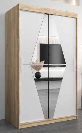 Schiebetürenschrank / Kleiderschrank Alphubel 02 mit Spiegel, Farbe: Eiche Sonoma / Weiß matt - Abmessungen: 200 x 120 x 62 cm ( H x B x T)