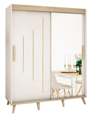 Schiebetürenschrank / Kleiderschrank Perdito 04M mit Spiegel, Farbe: Weiß matt / Buche - Abmessungen: 208 x 180,5 x 62 cm ( H x B x T)