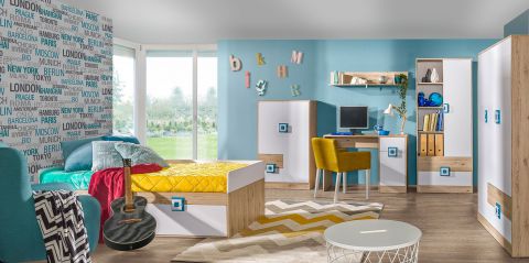 Kinderzimmer Komplett - Set D Fabian, 6-teilig, Farbe: Eiche Hellbraun / Weiß / Blau