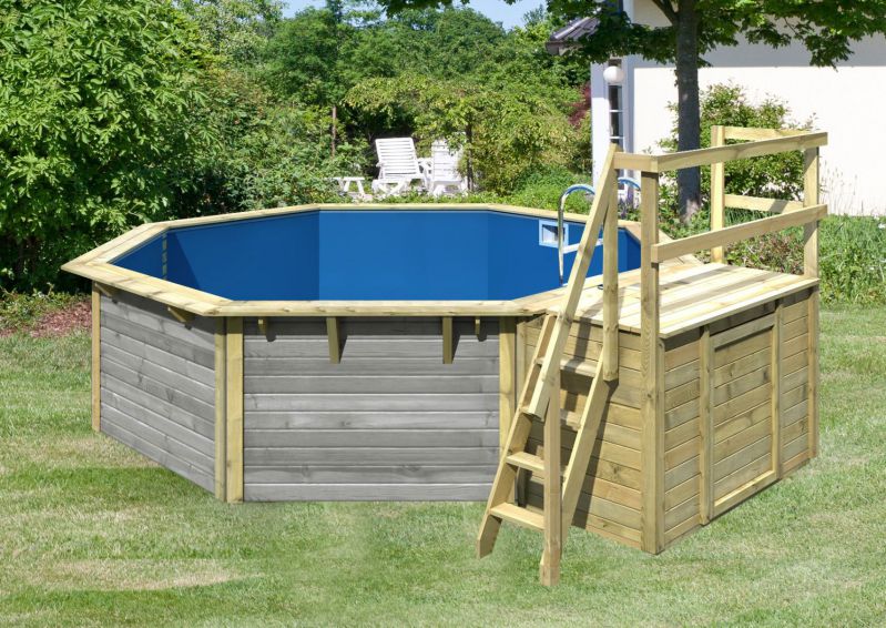 Pool Modell 2 X SET aus Holz, Farbe: Wassergrau, Ø 508 cm, inkl. Leitern & Terrasse
