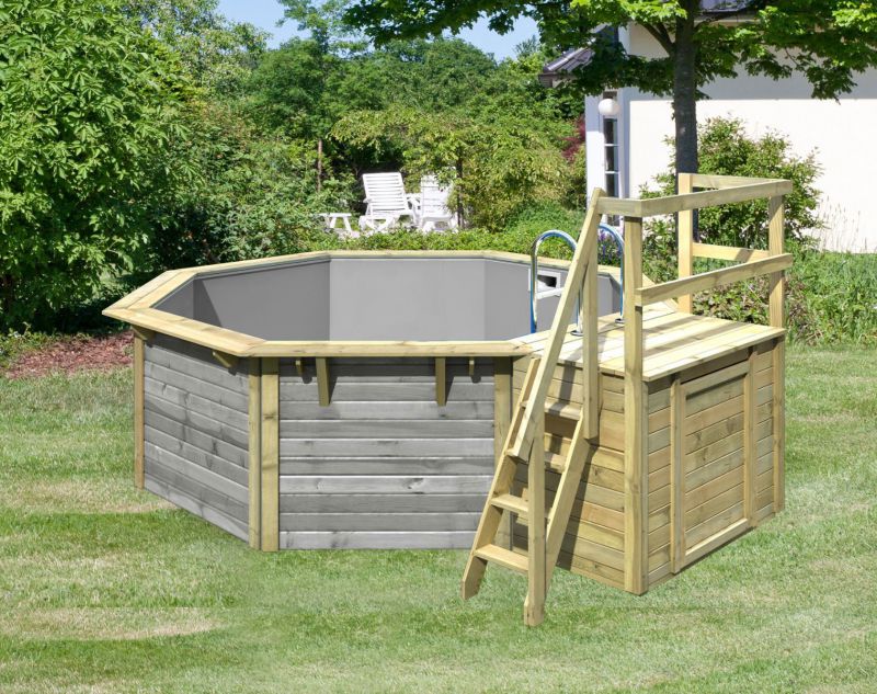 Pool Modell 1 X SET aus Holz, Farbe: Wassergrau, Ø 432,5 cm, inkl. Leitern & Terrasse