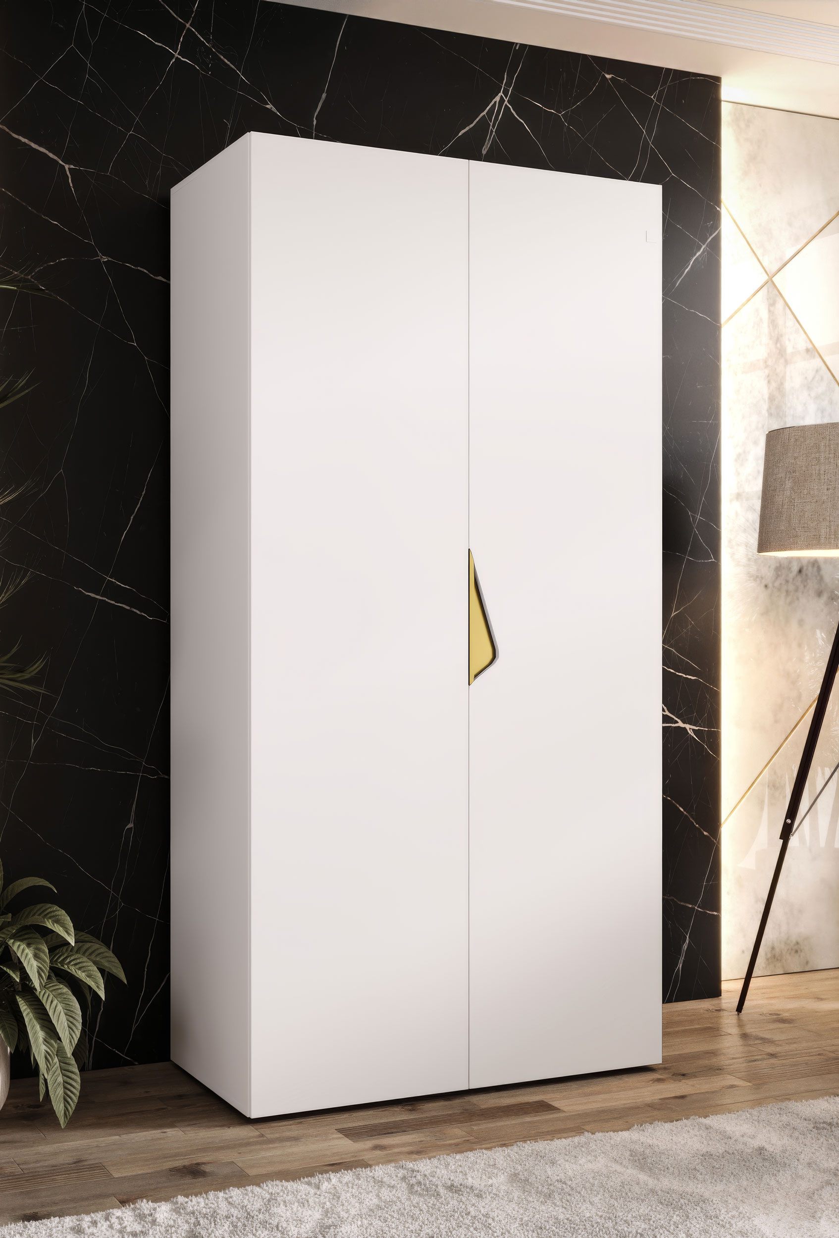 Drehtürenschrank / Kleiderschrank | 1 Meter breit | ABS-Kantenschutz | Griffe: Gold | Farbe: Weiß | Maße: 100 x 52 x 202 cm