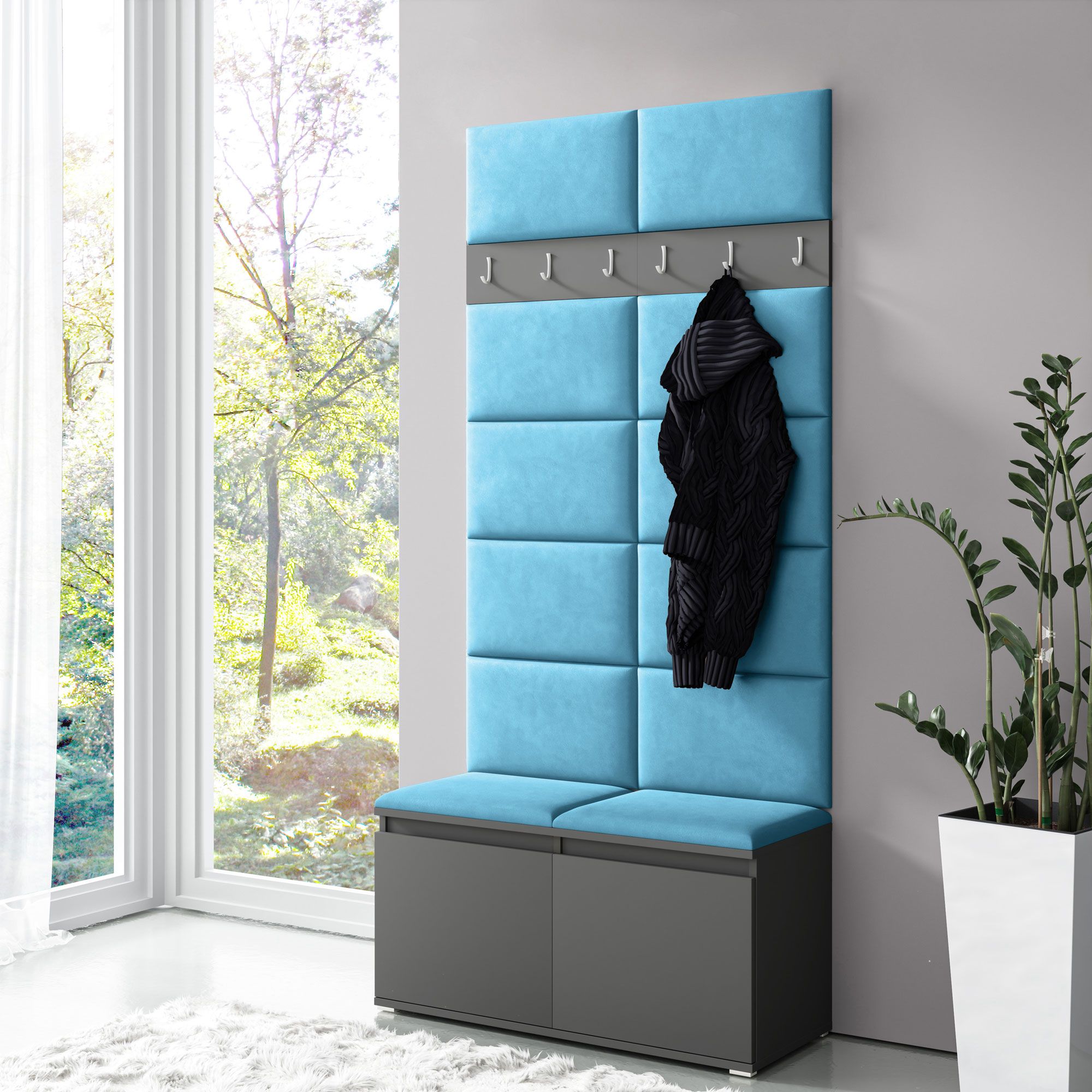 Schmale Garderobe 01 mit Sitzbank/Wand gepolstert, Graphit/Türkis, 215 x 100 x 40 cm, für 8 Paar Schuhe, 6 Kleiderhaken, 4 Fächer, Schuhschrank