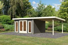 Gartenhaus SET terragrau mit Anbaudach, Grundfläche: 13,32m²