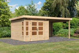 Pultdach Gartenhaus SET mit Anbaudach & Rückwand, 2,74 x 5,69 cm, 16,8m² überdachte Fläche, Nordische Fichte naturbelassen, Doppeltür, Zylinderschloss