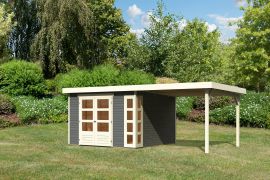 Gartenhaus SET terragrau mit Anbaudach 2,40 m Breite, Grundfläche: 9m²