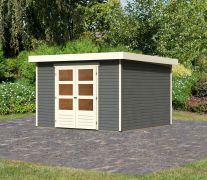 Modernes Gartenhaus mit Flachdach ohne Dachpappe, Farbe: Terragrau, Grundfläche: 9 m²