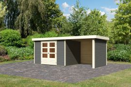 Gartenhaus SET terragrau mit Anbaudach 2,4 m Breite, Seiten- und Rückwand, Grundfläche: 7,21m²