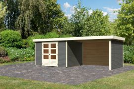 Gartenhaus SET terragrau mit Anbaudach 2,8 m, Seiten- und Rückwand, Grundfläche: 7,21 m²