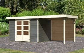 Gartenhaus SET terragrau mit Anbaudach 2,4 m, Rückwand, Grundfläche: 6,35 m²