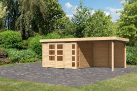 Gartenhaus SET naturbelassen mit Anbaudach 2,8 m Breite, Rückwand, Grundfläche: 7m²