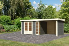 Gartenhaus SET terragrau mit Anbaudach 2,8, Seiten- und Rückwand, Grundfläche: 7m²