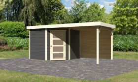 Gartenhaus SET AKTION terragrau mit Anbaudach 2,4 m Breite, Rückwand, Grundfläche: 5,76m²