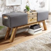 Sitzbank aus Mango Massivholz, Farbe: Mango / Grau - Abmessungen: 56 x 120 x 30 cm (H x B x T) mit Stoffbezug