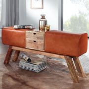 Sitzbank aus Mango Massivholz, Farbe: Mango / Orange - Abmessungen: 56 x 120 x 30 cm (H x B x T) mit Ziegenleder