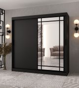 Kleiderschrank | Schwarz Matt | 10 Fächer | 200 x 62 x 200 cm | 2 Kleiderstangen | dekorative Spiegeltür | Schiebetürenschrank | hochwertig Verarbeitet