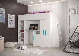 Hochbett / Kinderbett / Funktionsbett-Kombination mit Schreibtisch, Treppe und viel Stauraum Jura 30, Farbe: Weiß / Türkis - Liegefläche: 90 x 200 cm