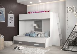 Etagenbett / Kinderbett / Funktionsbett-Kombination mit Treppe, Bettschublade und Wandregal, Jura 46, Weiß / Grau - Liegefläche: 90 x 200 cm / 90 x 185 cm