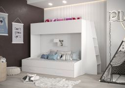 Etagenbett / Kinderbett / Funktionsbett-Kombination mit Treppe, Bettschublade und Wandregal, Jura 47, Weiß - Liegefläche: 90 x 200 cm / 90 x 185 cm