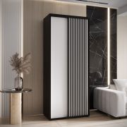 1 Meter breiter Schiebetürenschrank Mina in Schwarz/Weiß, Front aus laminierter Platte, Anti Staubbürsten, schwarze Metallgriffe, platzsparend, robust