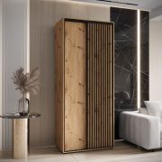 1,1 Meter breiter Kleiderschrank Tharo in Eiche mit Schiebetüren, Anti Staubbürsten, moderne Optik, auch für Wohnzimmer geeignet, Schwarzer Metallgriff