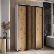 Kleiderschrank Mina mit Schiebetüren in Weiß/Eiche gehalten, Anti Staubbürsten, platzsparend, viel Stauraum, 235,2 x 150 x 60 cm, robustes Material