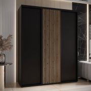 Schwarzer Schiebetürenschrank Mina, modernes Design, schwarze Metallgriffe, Anti-Staubbürsten, platzsparend, viel Stauraum, robust, 235,2 x 200 x 60 cm